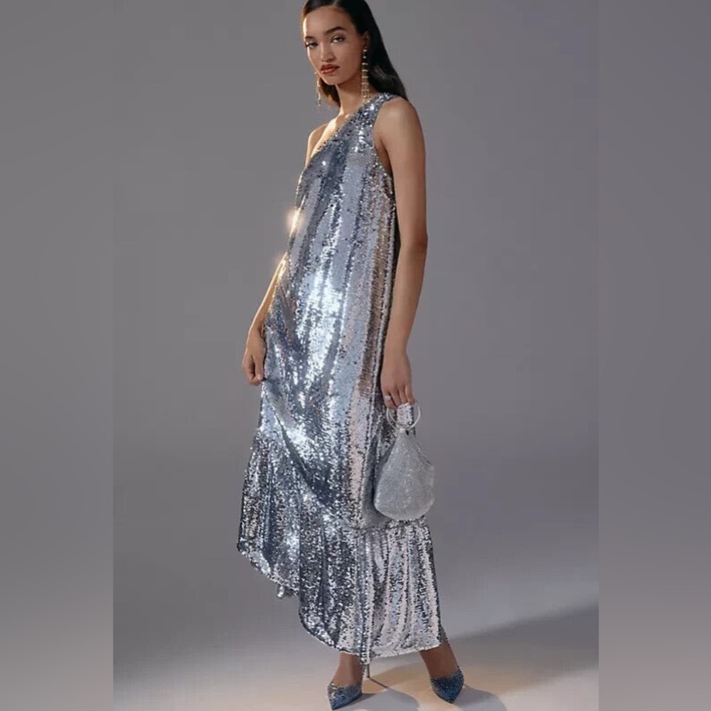 MAEVE • Silver sequin one shoulder dress • XS NWT